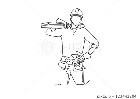 Single one line drawing male construction worker or carpenter with helmet carrying pile woods. Home decor building maintenance services. Modern continuous line draw design graphic vector illustration Single one line drawing male construction worker or carpenter with helmet carrying pile woods. Home decor building maintenance services. Modern continuous line draw design graphic vector illustration 123442204