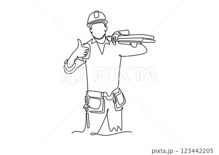 Single one line drawing male construction worker carrying pile of woods with thumbs up gesture. Carpenter building maintenance services. Modern continuous line draw design graphic vector illustration Single one line drawing male construction worker carrying pile of woods with thumbs up gesture. Carpenter building maintenance services. Modern continuous line draw design graphic vector illustration 123442205