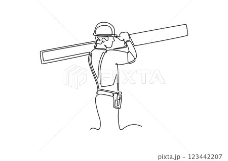 Single one line drawing male construction worker wearing helmet and glove while carrying pile of woods. Carpenter building maintenance services. Continuous line draw design graphic vector illustration Single one line drawing male construction worker wearing helmet and glove while carrying pile of woods. Carpenter building maintenance services. Continuous line draw design graphic vector illustration 123442207