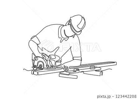 Single one line drawing young woodworker or carpenter wearing helmet cutting wooden board using circular saw. Home renovation services. Modern continuous line draw design graphic vector illustration 123442208