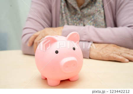 Retired elderly woman counting coins money with piggy bank and worry about monthly expenses and treatment fee payment. 123442212