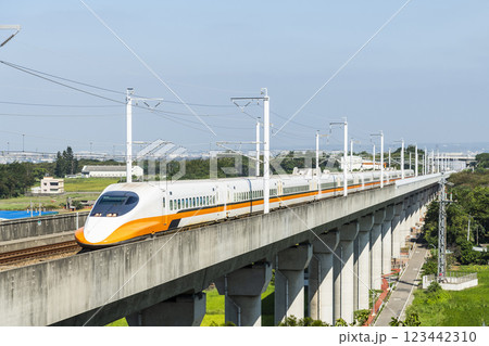 Overlooking view of the Taiwan High Speed Rail trains passing the Waipu of Taichung in Taiwan, It is the only high-speed railway in Taiwan. Overlooking view of the Taiwan High Speed Rail trains passing the Waipu of Taichung in Taiwan, It is the only high-speed railway in Taiwan. 123442310