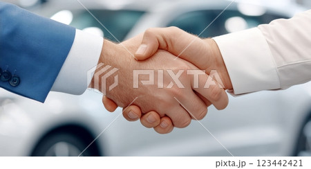 Close-up of a handshake symbolizes agreement on a car contract in a professional dealership setting 123442421