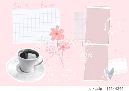 Journal paper collage, vintage photo strips frame, post notes, halftone cutout cup of coffee. Pastel pink mood board vector template. 123442464