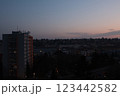 A very nice scenery of a building with the sunset 123442582