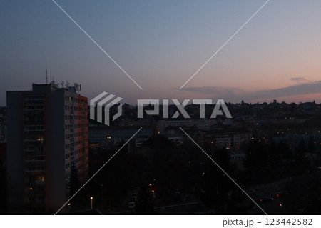 A very nice scenery of a building with the sunset 123442582