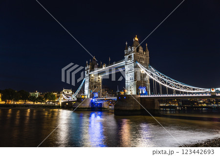 Tower Bridge Illuminated at Night With Reflections on the River Thames in London Tower Bridge Illuminated at Night With Reflections on the River Thames in London 123442693