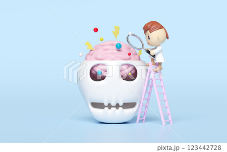 3d doctor holding magnifying glass and climbing stairs with brain open skull isolated on blue background. health check concept, 3d illustration render 123442728