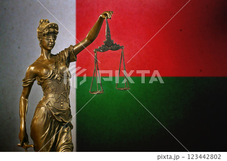 Lady Justice before a flag of Madagascar 123442802