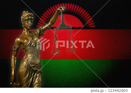 Lady Justice before a flag of Malawi 123442803