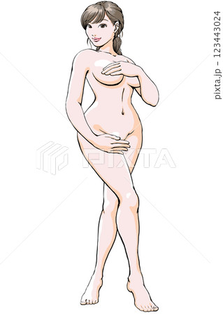 手ブラ手パンツ_セクシーなポーズを決める裸の若い女性_全身_微笑 手ブラ手パンツ_セクシーなポーズを決める裸の若い女性_全身_微笑 123443024