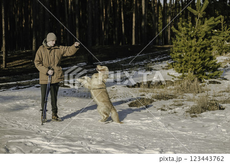 Man playing with a Golden Retriever in a snowy forest on a sunny winter day. Man playing with a Golden Retriever in a snowy forest on a sunny winter day. 123443762
