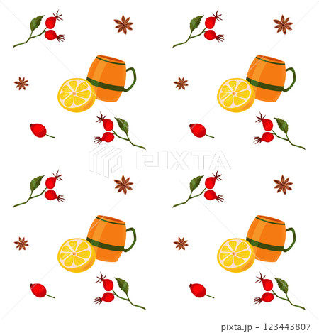 Set of orange tea cup with green stripe, star anise, lemon and rose hips with flowers and leaves. Digital illustration. Seamless pattern on white background for printing on fabric and paper 123443807