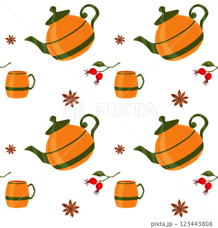 Seamless pattern. Orange teapot and teacup with green stripe. Set of spices for tea drinking from star anise and rosehip sprig with berries and leaves. Digital image on white background 123443808
