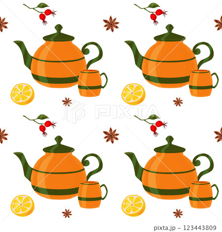 Seamless pattern. Orange teapot and teacup with green stripe. Set of spices for tea drinking from half a lemon, star anise and a sprig of rose hips. Digital image on white background 123443809