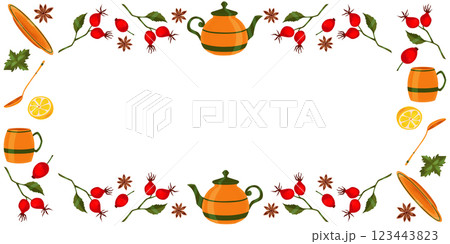 Set of orange teaware with green stripes. Spices, herbs and berries for tea party. Clip art. Digital illustration. Image on white background. Frame, border for cards, invitations Set of orange teaware with green stripes. Spices, herbs and berries for tea party. Clip art. Digital illustration. Image on white background. Frame, border for cards, invitations 123443823