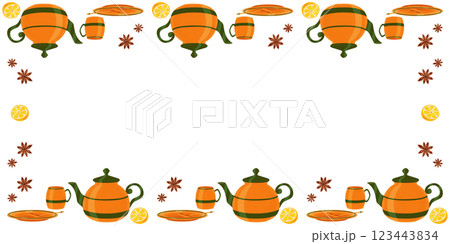 Tea set of teapot, cup, spoon and saucer in orange with green stripes, star anise and half a lemon for tea party. Digital image. Clip art. Illustration on white background 123443834