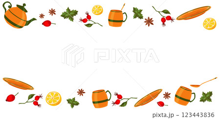 Set of orange teaware with green stripes. Spices, herbs and berries for tea party. Clip art. Digital illustration. Image on white background. Frame, border for cards, invitations 123443836