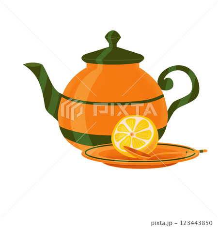 Tea party accessories. Orange tea set with green stripes and half a lemon. Clip art. Illustration on a white background. Can be used in kitchen design and kitchenware packaging 123443850