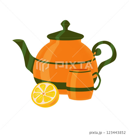 Tea party accessories. Orange tea set with green stripes and half a lemon. Clip art. Illustration on a white background. Can be for printing on paper and fabric 123443852
