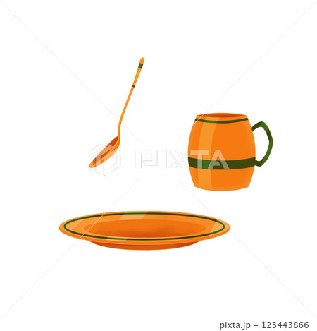 Set of orange ceramic teaware with green stripe, consisting of tea cup, saucer and spoon. Tea party accessories. Clip art. Isolated illustrations on white background 123443866