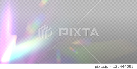Rainbow dispersion highlights overlay template on a light background. Holographic Glare or reflection from water and glass. Glittering particles for social media backgrounds, photo shots. Vector eps10 123444093
