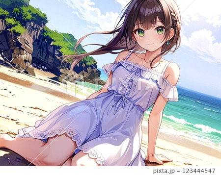 イラスト 白いワンピースの茶髪の美少女 ビーチのイラスト素材