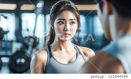 ジムでトレーニング中に話しかけられる女性 123444594