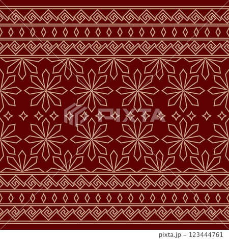 Seamless gold ornament on a red background. The composition of colorful elements creates a seamless pattern. National ornament. Idea for textiles, textures, prints, wallpapers, clothes and interior, 123444761