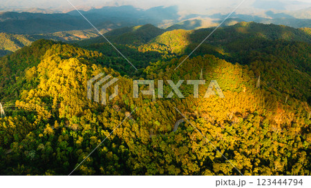 Aerial view of Summer morning in the mountains with clouds, trees, and a scenic valley view 123444794