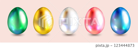 Five Multicolored Glossy Eggs on a Soft Background 123444873