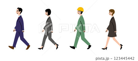 歩くスーツの男性と女性、ヘルメットに作業着の男性 123445442