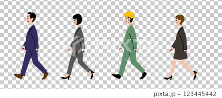 歩くスーツの男性と女性、ヘルメットに作業着の男性 123445442