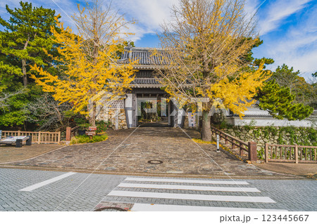田原市にある田原城跡の田原城桜門と紅葉の風景(愛知県) 田原市にある田原城跡の田原城桜門と紅葉の風景(愛知県) 123445667