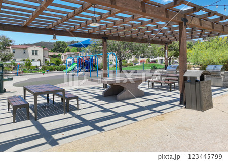 Covered gathering area in city park with green wood picnic tables Covered gathering area in city park with green wood picnic tables 123445799