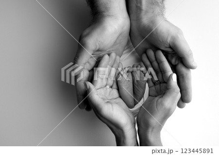 A father and mother hold the feet of a newborn child in a blanket. The feet of a newborn in the hands of parents. Black and white Photo of foot, heels and toes. The palms of the parents. 123445891