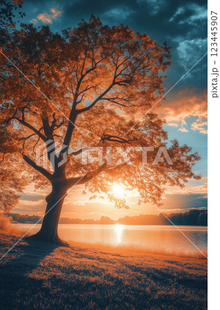 黄金色に輝く夕日と大樹が織りなす幻想的な秋の風景 黄金色に輝く夕日と大樹が織りなす幻想的な秋の風景 123445907