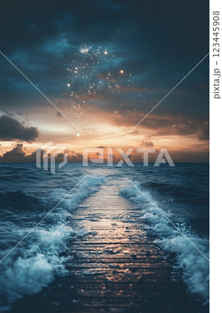 夜空に輝く星と幻想的な海の航跡 夜空に輝く星と幻想的な海の航跡 123445908