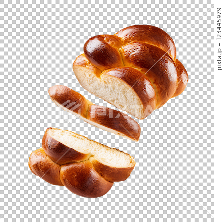 Floating Sliced Challah Bread with a Golden Crust 123445979