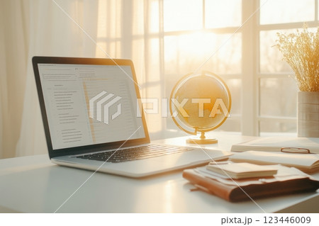 Golden light spills over a travel desk with a laptop, globe, and flight details ready for planning trips. 123446009