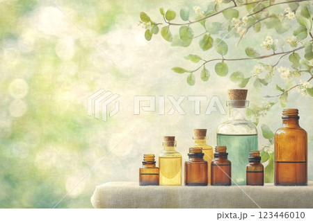 Essential oil bottles glimmer on linen, surrounded by greenery, evoking a tranquil vibe. 123446010