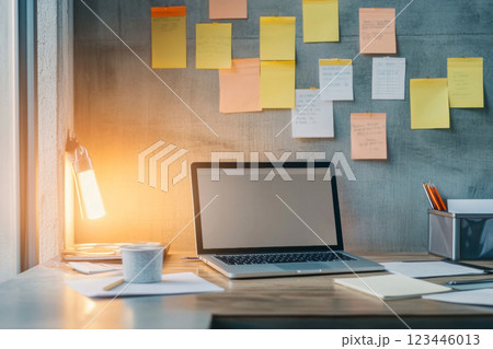 A dim garage workspace with a glowing laptop, notes, and ramen, capturing a creative vibe. 123446013