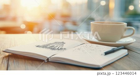 Sketchbook open to a detailed drawing of a landmark, with tea and pen complementing the creative moment. 123446014