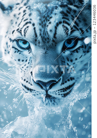 氷と水しぶきの中を進む青い目のジャガーの迫力ある姿 123446036