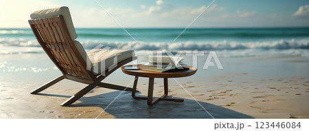 Nice beach chair and a coffee table with open book Out of focus sea background 123446084