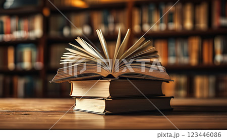 Stack of books and an open book on top of them.. Bookshelf blurred in the background. 123446086