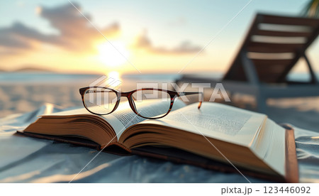 Open boon and glasses on a blanket on the beach. Blurred sunset background 123446092