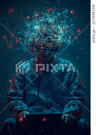 未来を象徴するサイバーパンクポートレート｜AIとテクノロジーの融合を描く幻想的なアート 123446108
