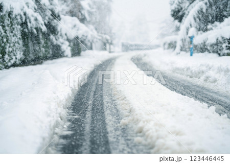 Snow covered winter road during snowstorm Snow covered winter road during snowstorm 123446445