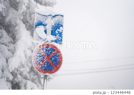 Snow covered road sign in winter forest 123446446